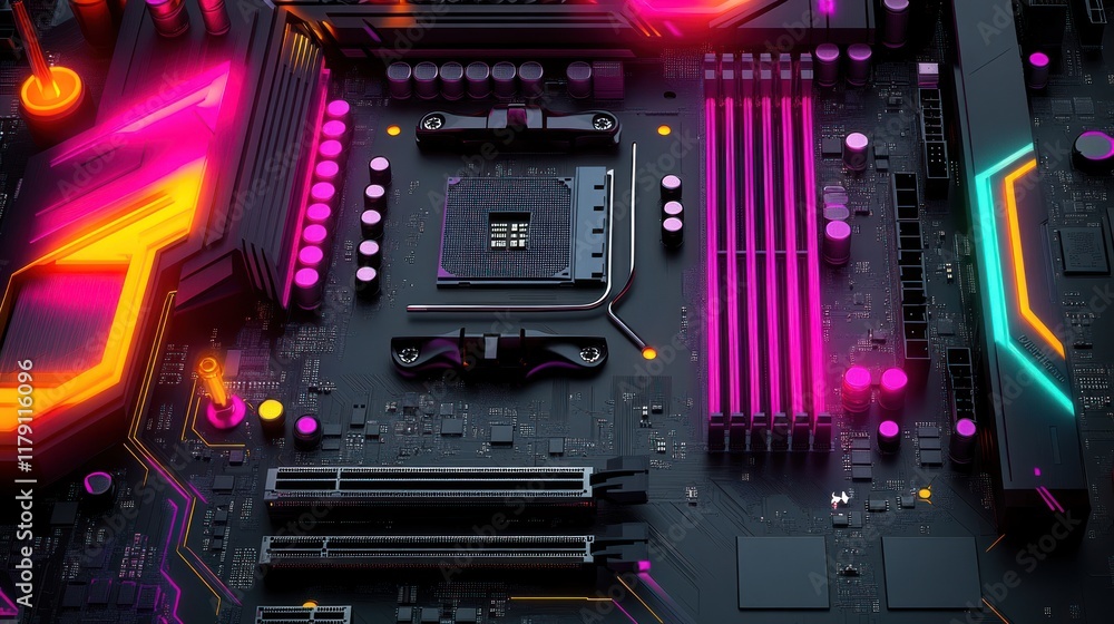 Close-up of a vibrant, illuminated computer motherboard with neon accents, showcasing its intricate circuitry and components.
