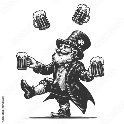 leprechaun juggling frothy beer mugs, wearing traditional Irish attire and a festive top hat sketch engraving generative ai vector illustration. Scratch board imitation. Black and white image.