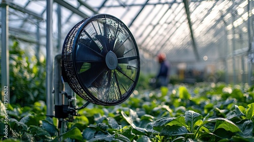 Greenhouse fan circulates air among plants