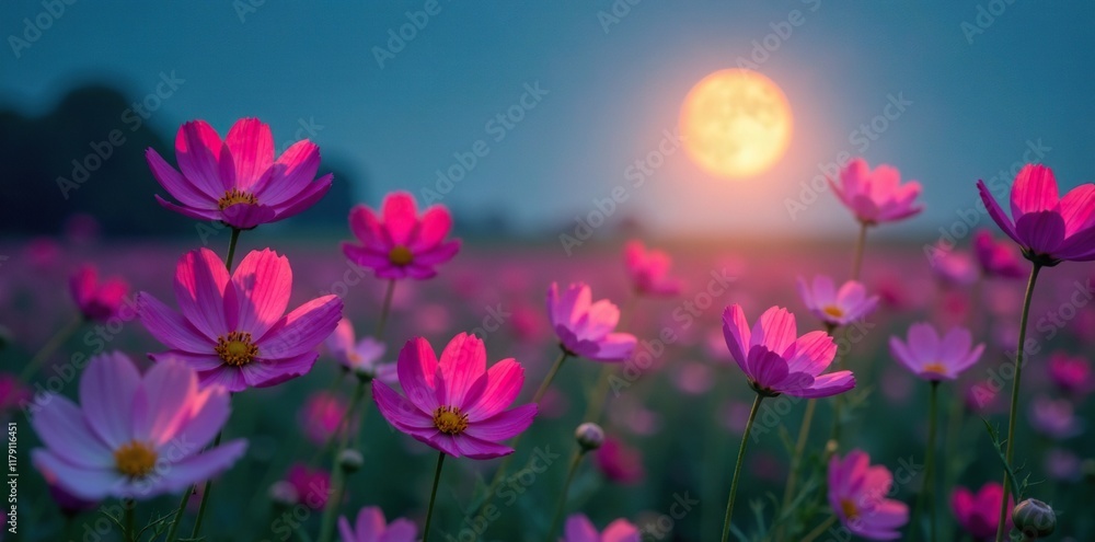 A field of cosmos flowers under the full moon with a subtle mist effect, evening blooms, soft focus A field of cosmos flowers under the full moon with a subtle mist effect, evening blooms, soft focus