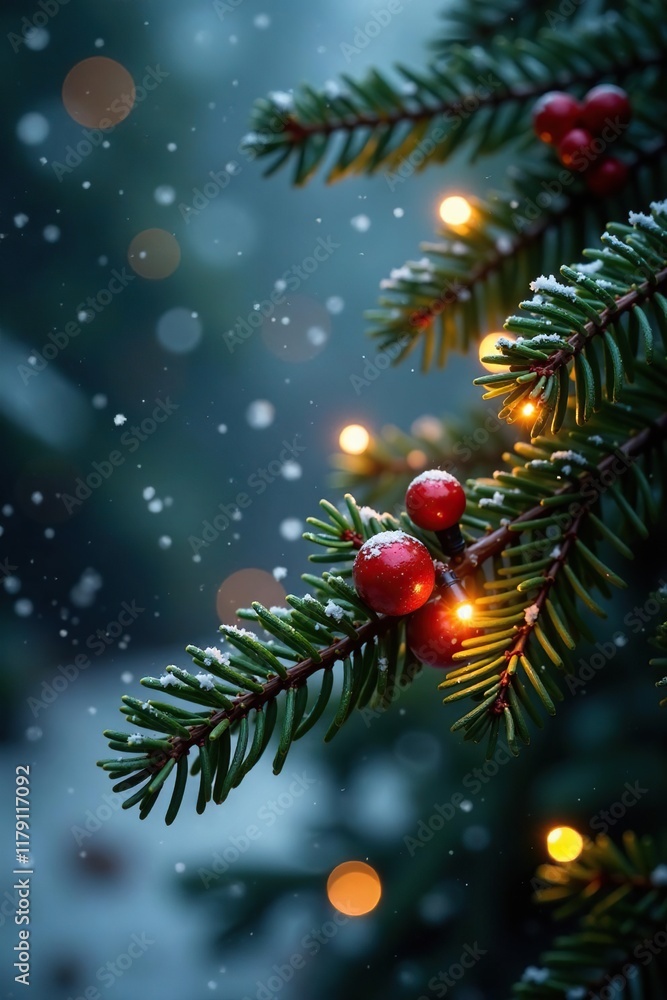 Twinkling lights adorn a fir branch with red berries, twinkling lights, festive holly, winter wonderland scene Twinkling lights adorn a fir branch with red berries, twinkling lights, festive holly, winter wonderland scene