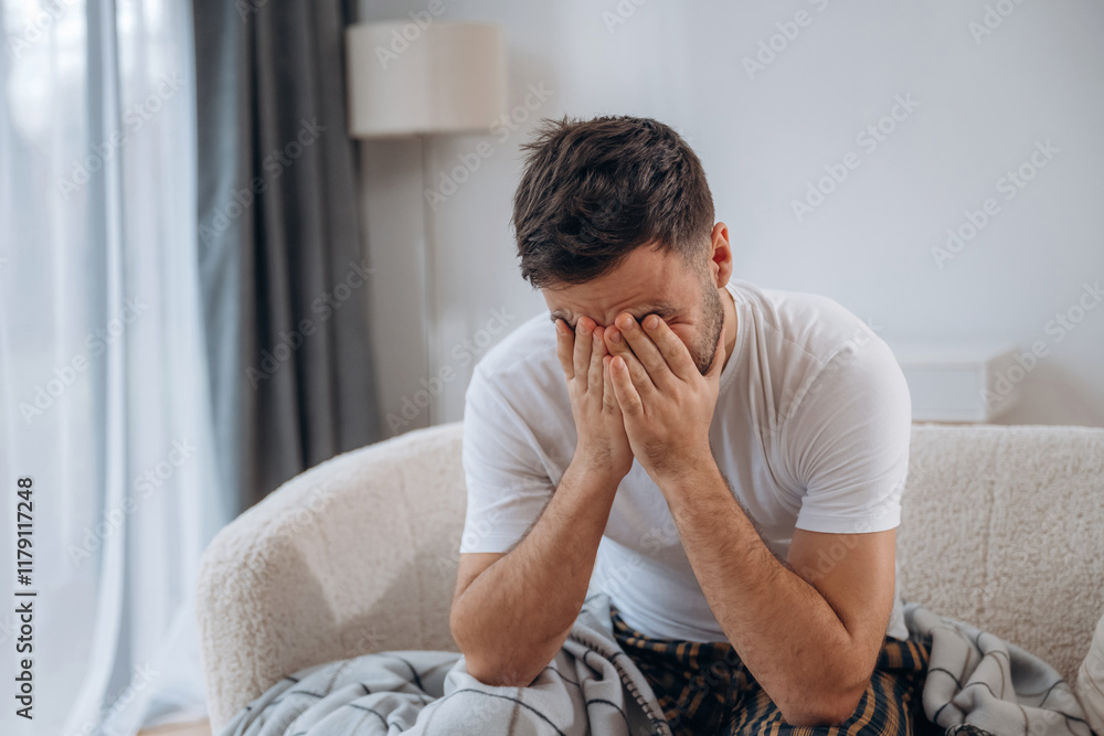 Ταπετσαρία Terrible headache. Sick man is feeling bad at home