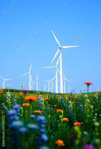 Wind Green energy forefront, flora and windmills, Wind Green energy strategy, Wind Green energy world, green power concept, studio photography, with white tones