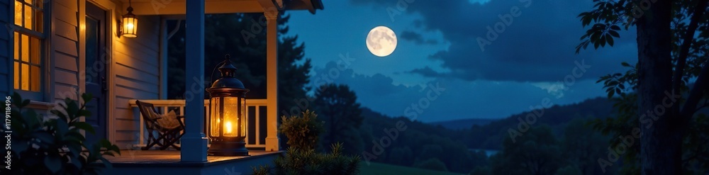 Lantern on the porch creaking in the gentle night breeze, moon, night sky Lantern on the porch creaking in the gentle night breeze, moon, night sky