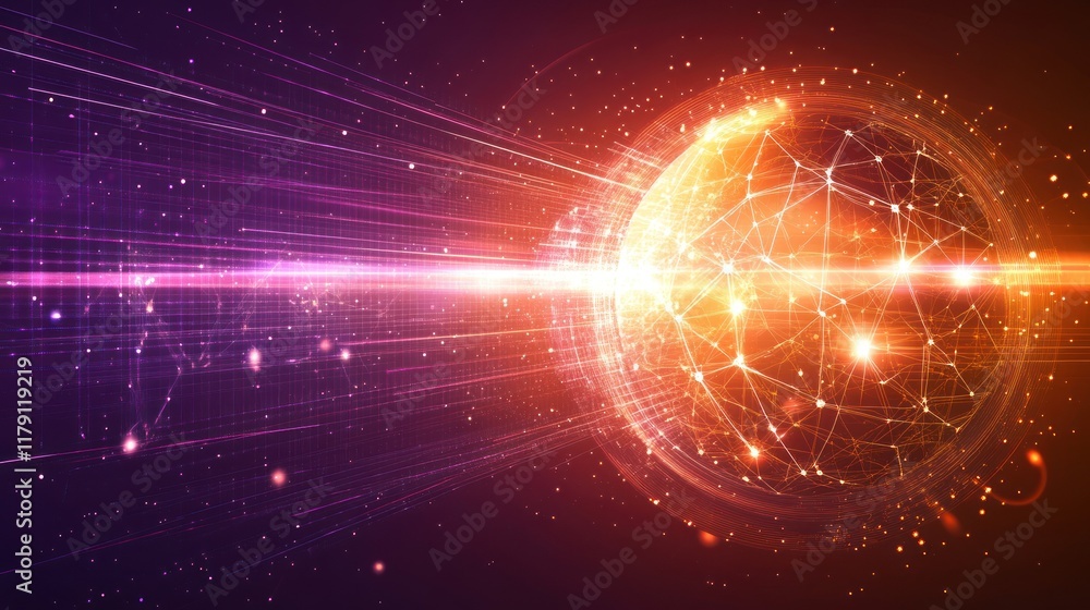 Obraz premium Abstract glowing sphere with network connections and light streaks, representing global network, digital data flow, or futuristic technology.