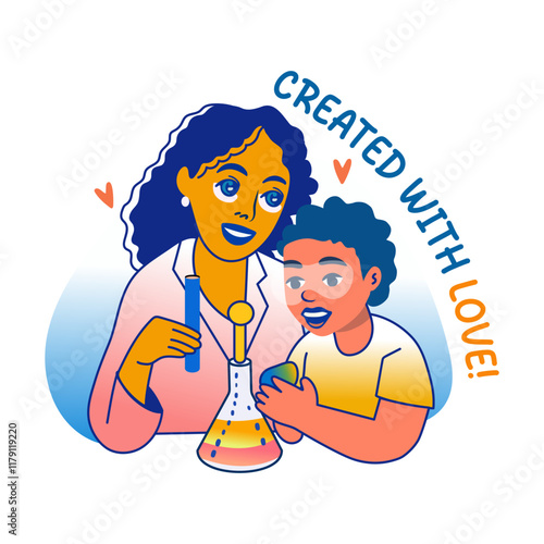 A flat sticker of a mother and child doing an experiment together 

