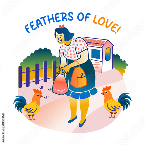 A flat sticker of a mother feeding chicks 

