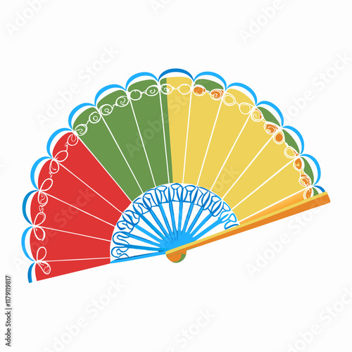 Colorful decorative hand fan design on white background