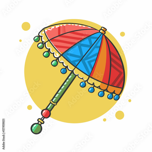 Colorful decorative umbrella illustration against yellow circle