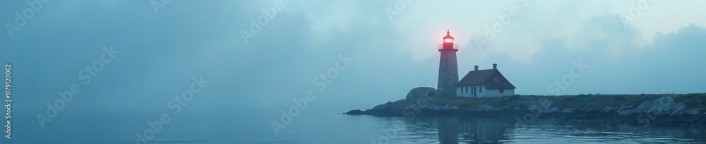 Fog hiding the entrance to a small harbor lighthouse, atmospheric landscape, calm waters Fog hiding the entrance to a small harbor lighthouse, atmospheric landscape, calm waters