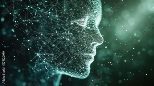 Abstract digital human face, profile view, glowing teal network.