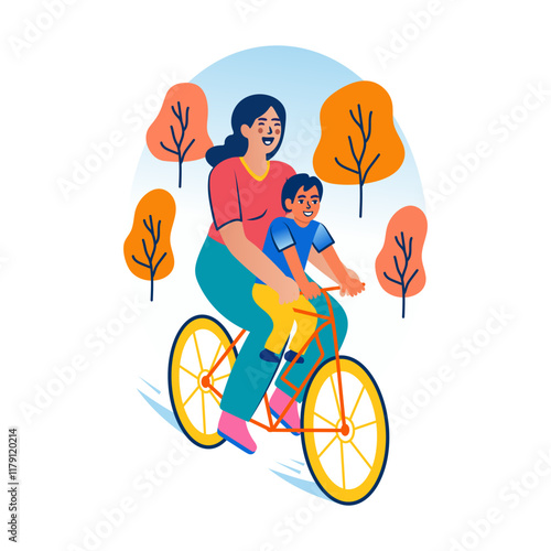 A flat sticker of a mother and kid doing cycling together 