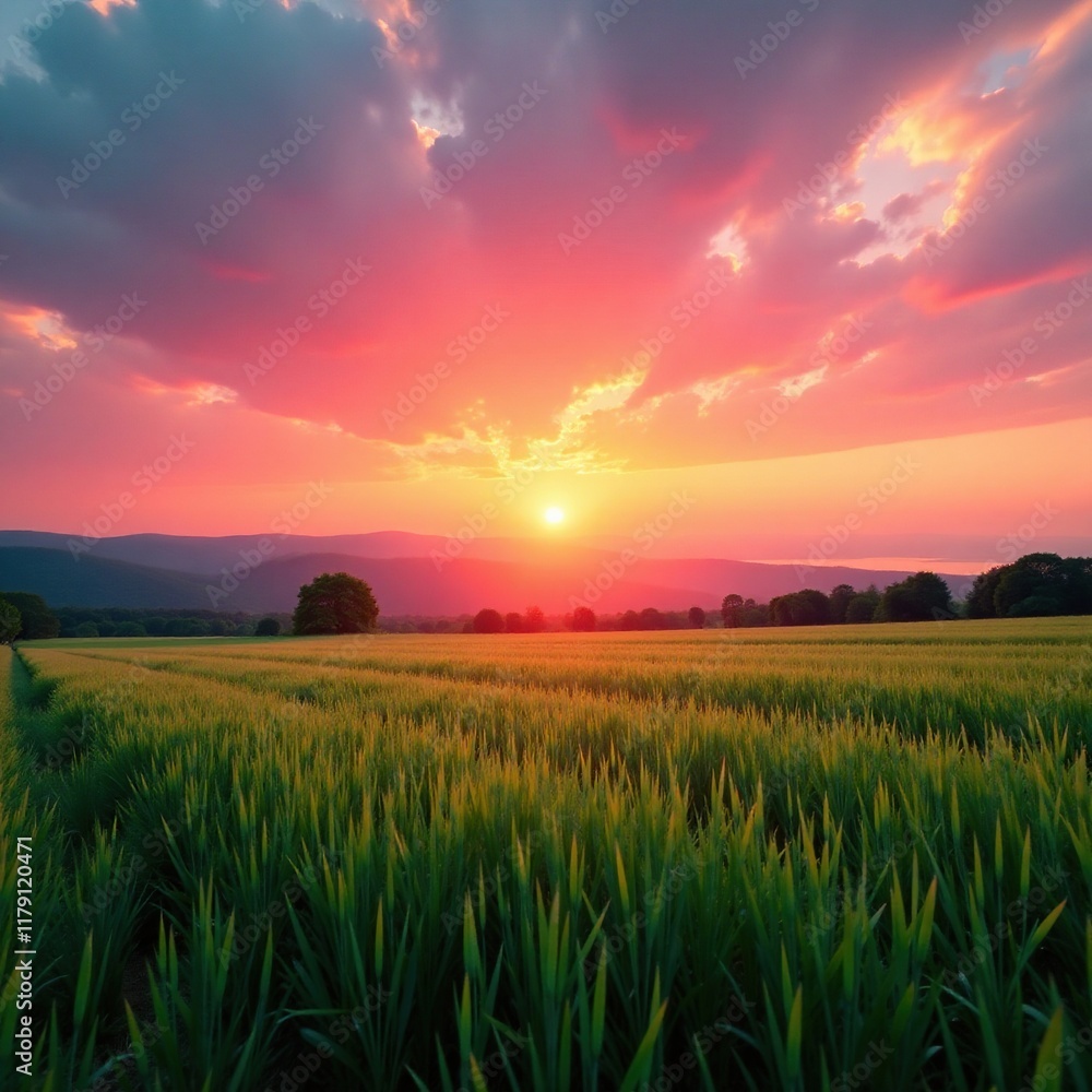 Pink hues bleed into soft orange as sunset falls over a serene green field, sunset, , orange Pink hues bleed into soft orange as sunset falls over a serene green field, sunset, , orange