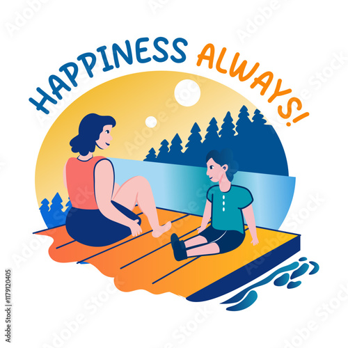 A flat sticker of a mother and child spending time together with happiness always typography 

