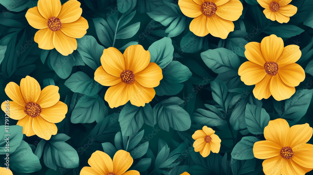 Seamless sparse yellow flowers pattern with bold leaves and dainty buds on green background Seamless sparse yellow flowers pattern with bold leaves and dainty buds on green background