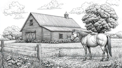 Horse standing in field near barn, pencil sketch. photo