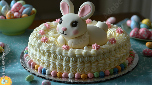 Cute Easter bunny cake, decorated with pastel frosting and colorful sprinkles, surrounded by Easter eggs. photo