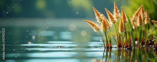 Reed stems with delicate feathery plumes emerging from the water's surface, lake, water plants, biota