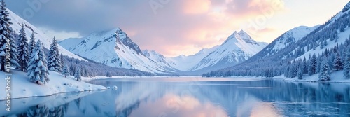 Snow covered peaks stretch towards the sky above frozen lake, snowy trees, cold weather, stillness