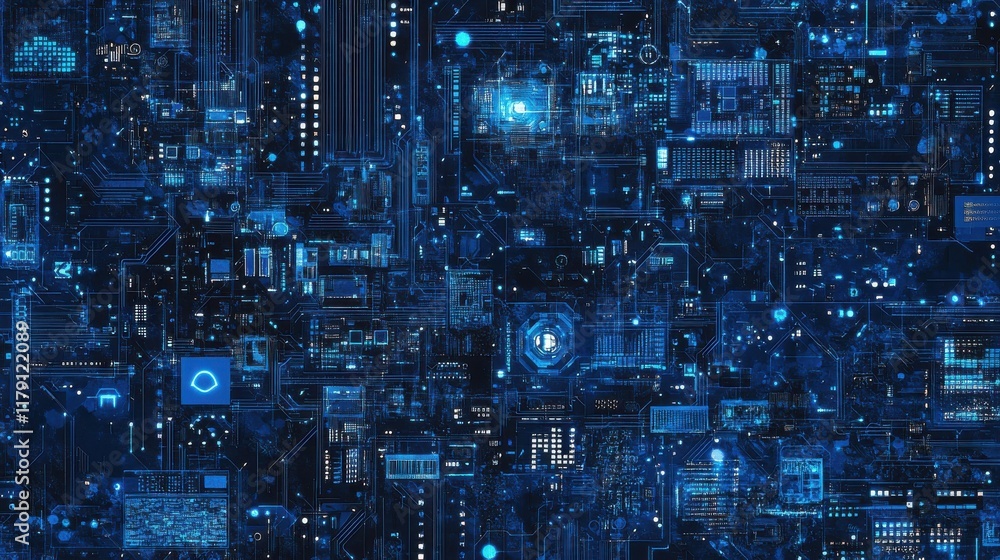 Digital blue background image with technology symbols Digital blue background image with technology symbols