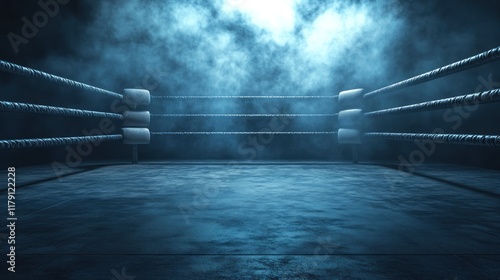 Empty boxing ring in smoky, dimly lit arena.