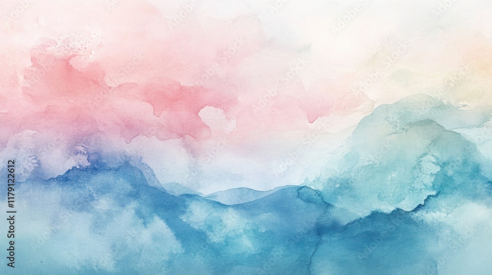 Fototapeta premium A serene modern canvas with soft watercolor effects in pastel blues and pinks, creating a calming wall display