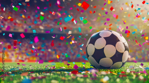 European championship sports victory, triumph, winner celebration concept background illustration. - Soccer ball and confetti. photo