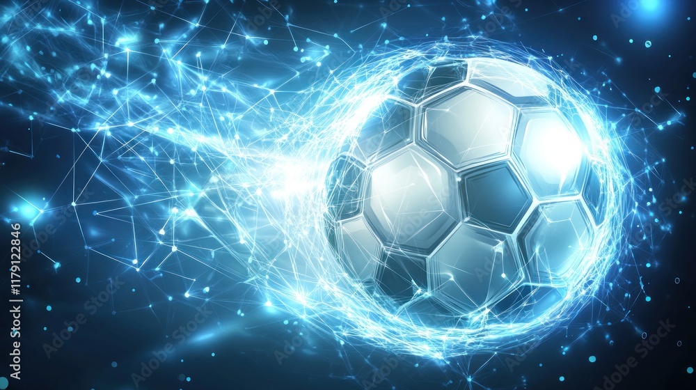 Fototapeta premium Futuristic soccer ball in motion with glowing energy trails.