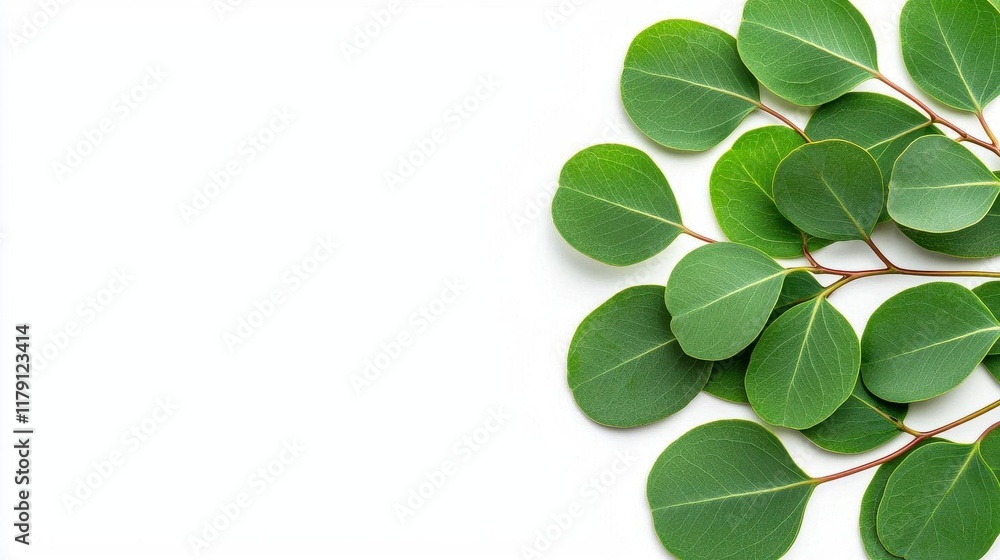 A photostock of fresh eucalyptus sprigs delicately arranged on a clean white background, symbolizing freshness and organic appeal. High Quality A photostock of fresh eucalyptus sprigs delicately arranged on a clean white background, symbolizing freshness and organic appeal. High Quality