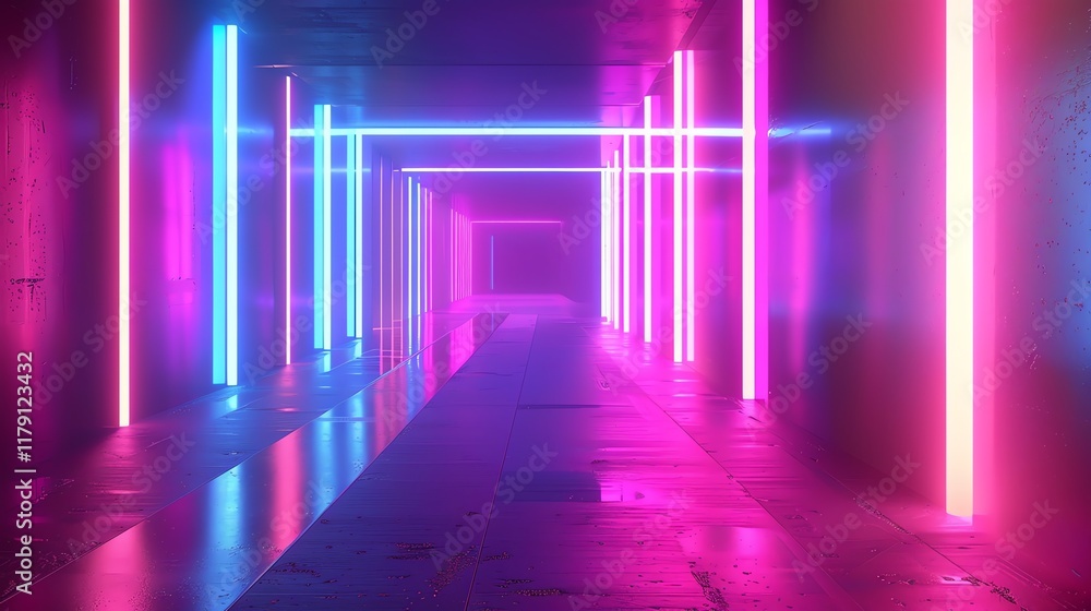 A futuristic hallway lined with pink and blue neon lights. A futuristic hallway lined with pink and blue neon lights.