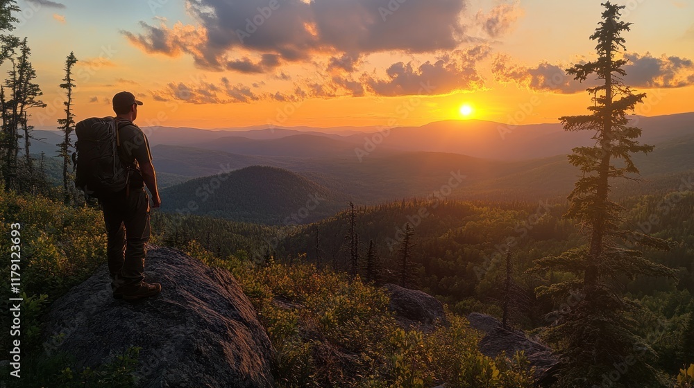 Fototapeta premium Hiker enjoying sunset over mountain range.