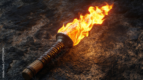 Cartoon torch with burning fire. Isolated vector medieval, fairy tale or pirate game asset, gui element. Ancient portable flaming torchlight, lighting flambeau lantern on wooden pole handle with blaze photo