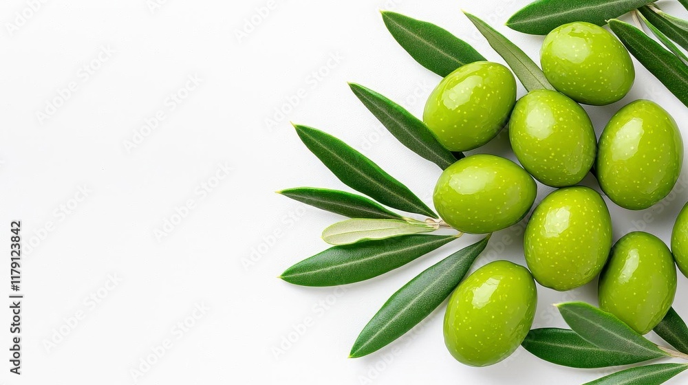A photostock of fresh green olives arranged uniformly in a clean, minimalistic composition on a bright white background. High Quality A photostock of fresh green olives arranged uniformly in a clean, minimalistic composition on a bright white background. High Quality