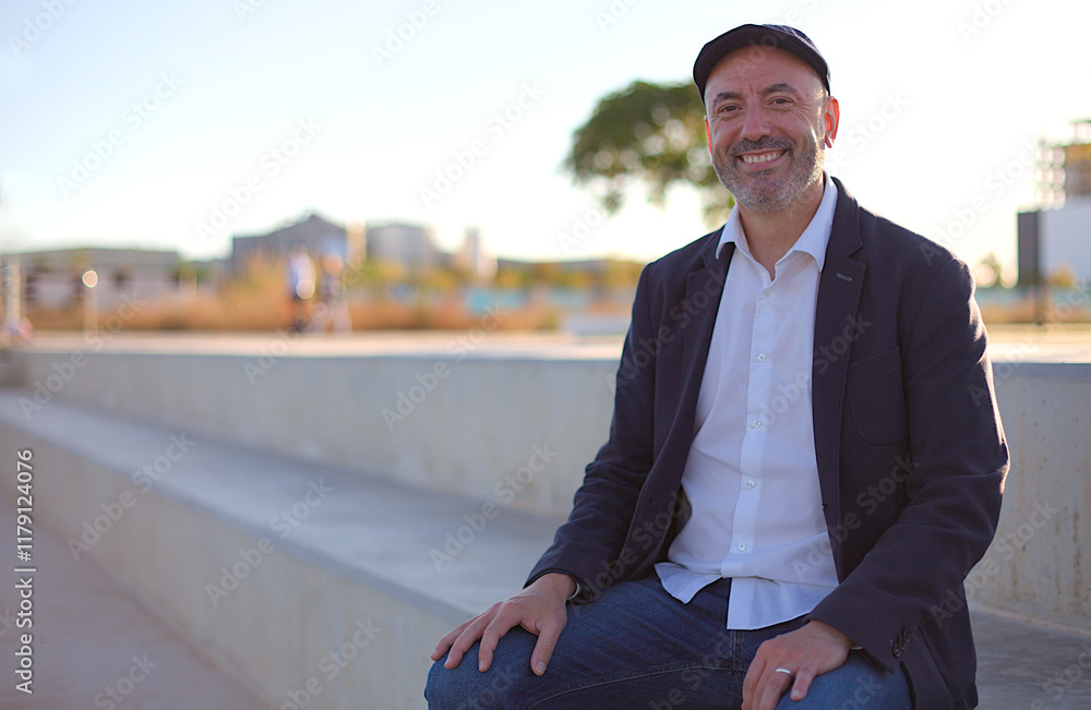Smiling Man Sitting Outdoors Wearing a Jacket and Hat in Urban Setting Smiling Man Sitting Outdoors Wearing a Jacket and Hat in Urban Setting