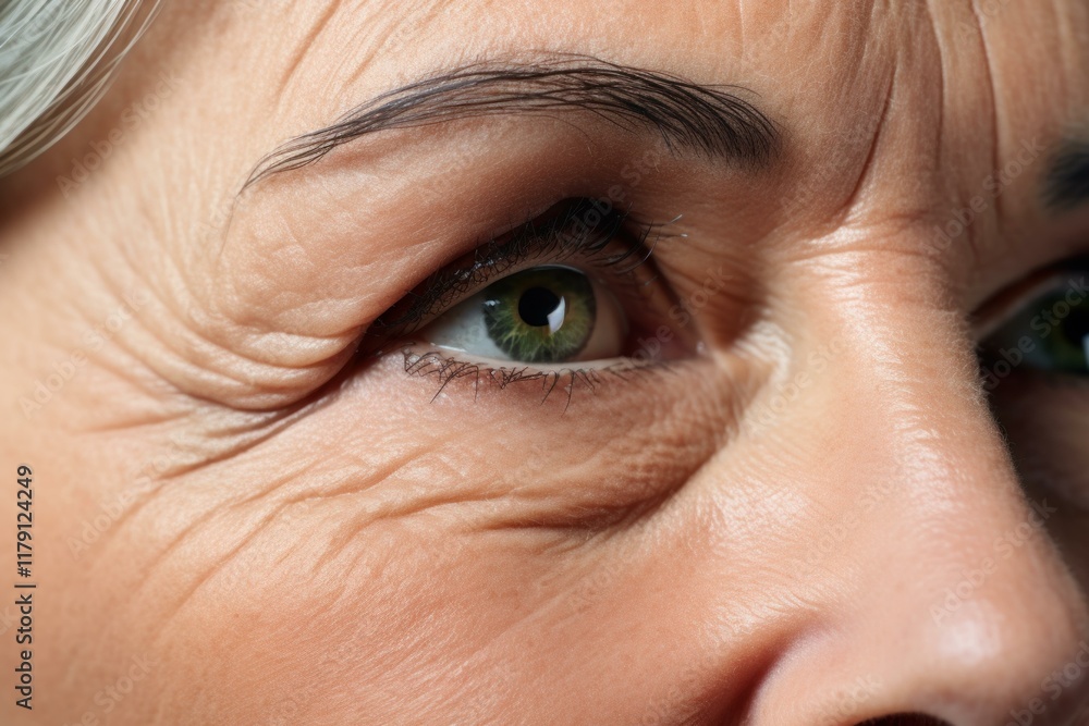 Fototapeta premium Senior woman with wrinkles around her eye, highlighting the effects of aging on skin