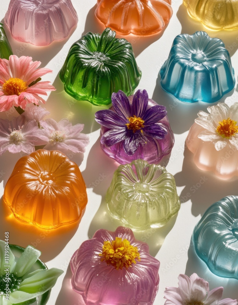 Close-up view of colorful jelly desserts featuring floral decorations and vibrant hues on a bright background Close-up view of colorful jelly desserts featuring floral decorations and vibrant hues on a bright background