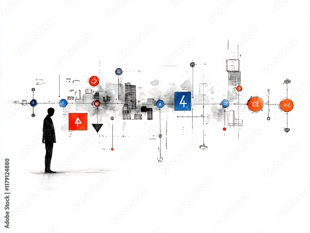 A lone human silhouette stands against a bleak futuristic cityscape backdrop surrounded by a digital interface of interconnected symbols icons and a vivid hand drawn retrofuture color palette A lone human silhouette stands against a bleak futuristic cityscape backdrop surrounded by a digital interface of interconnected symbols icons and a vivid hand drawn retrofuture color palette