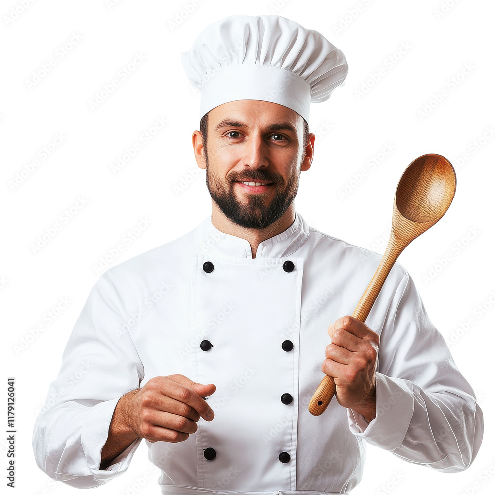 Chef in White Uniform and Hat Holding a Wooden Spoon on Transparent Background Chef in White Uniform and Hat Holding a Wooden Spoon on Transparent Background