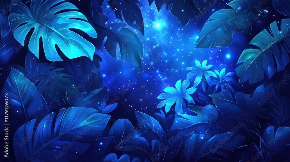 Naklejka premium Glowing blue tropical leaves and galaxy.