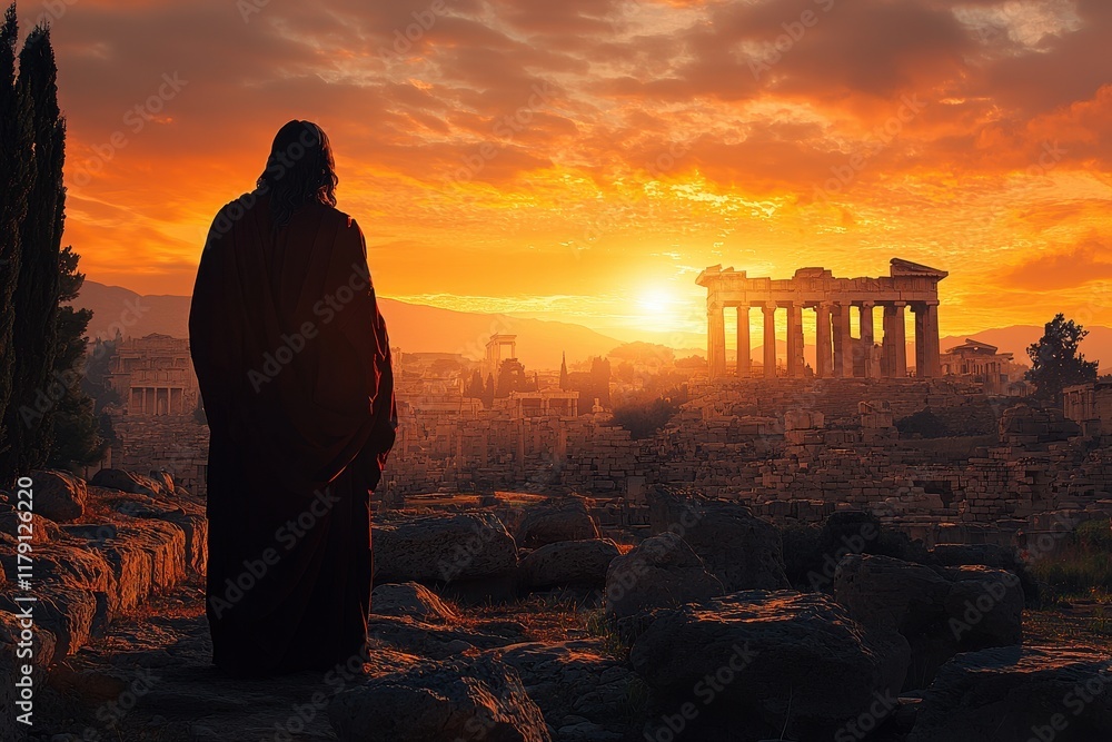 Fototapeta premium Jesus overlooking the illuminated Parthenon at twilight with dramatic clouds and warm light in the background