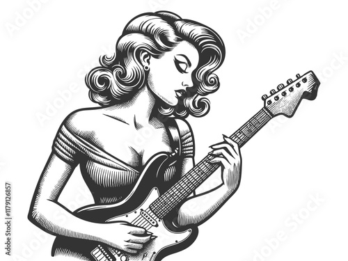 pin-up girl rocking out on an electric guitar. Bold retro art with tattoo details sketch engraving generative ai fictional character vector illustration. Scratch board imitation. Black and white image