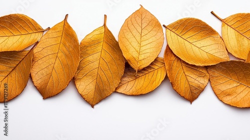 A photostock of golden autumn leaves scattered naturally on a white surface, symbolizing seasonal transitions and fall beauty. High Quality