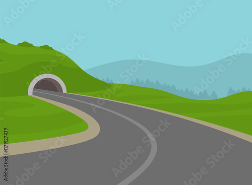Sharp turn and tunnel road entrance through mountain. Empty road view. Flat vector illustration template.