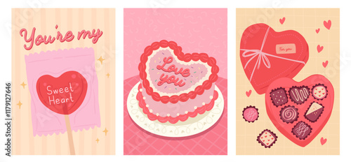 Collection of Love Season Valentines poster portrait of heart cake, chocolate and candy lollipop vector illustration