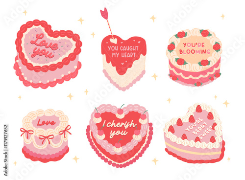 Collection of Cute Love Season Valentines sweet dedication heart cake greeting for stickers or cards vector illustration