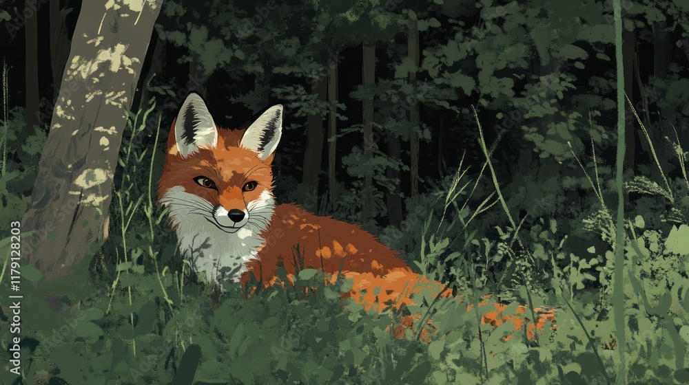 Naklejka premium Red fox resting in lush green forest undergrowth at dusk.