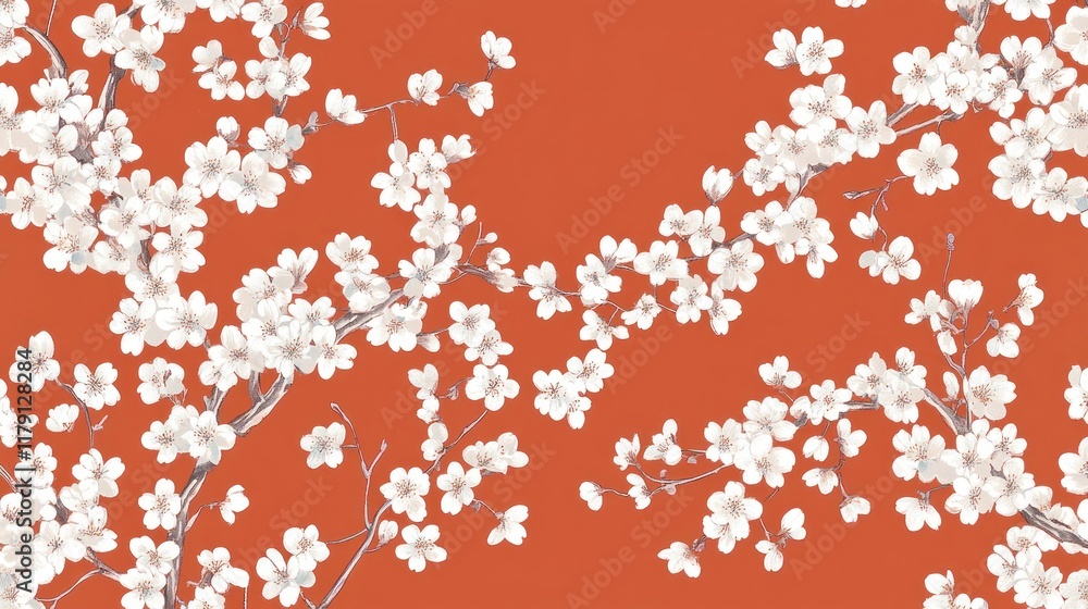 Seamless pattern of white cherry blossoms on a burnt orange background. Seamless pattern of white cherry blossoms on a burnt orange background.
