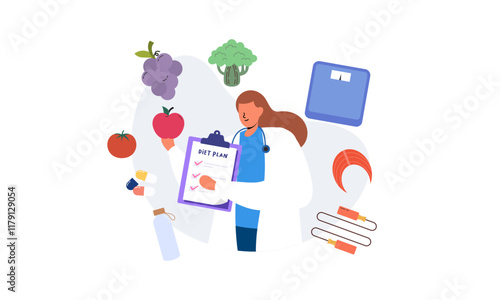 Nutritionist woman with weight loss program and diet plan. Healthy food, vitamins, sport icons