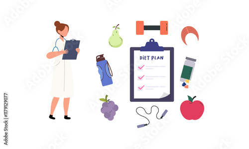 Nutritionist woman with weight loss program and diet plan. Healthy food, vitamins, sport icons