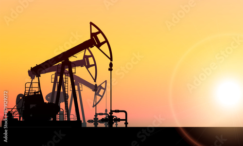 Pumpjack, pump jack pumps oil. Background colorful sunset sky. Onshore crude oil production, industry, business. Oil field. Silhouette, horizon, desert, sun. Carbon energy. Vector illustration